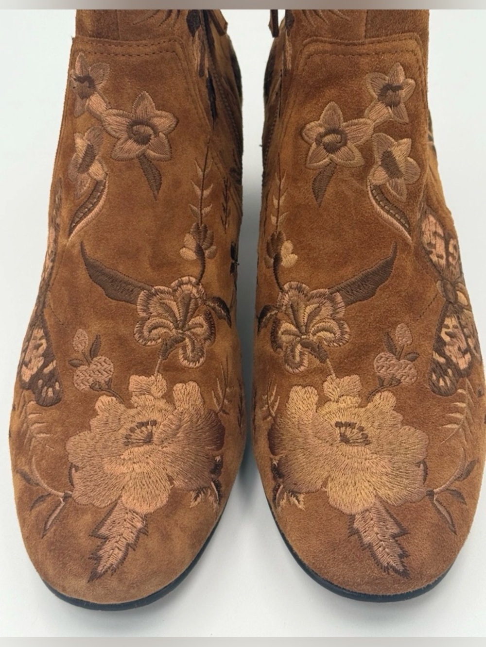 Johnny Was Taline Embroidered Suede Boots Booties Brown Size 8 Leather Soles - Picture 3 of 12